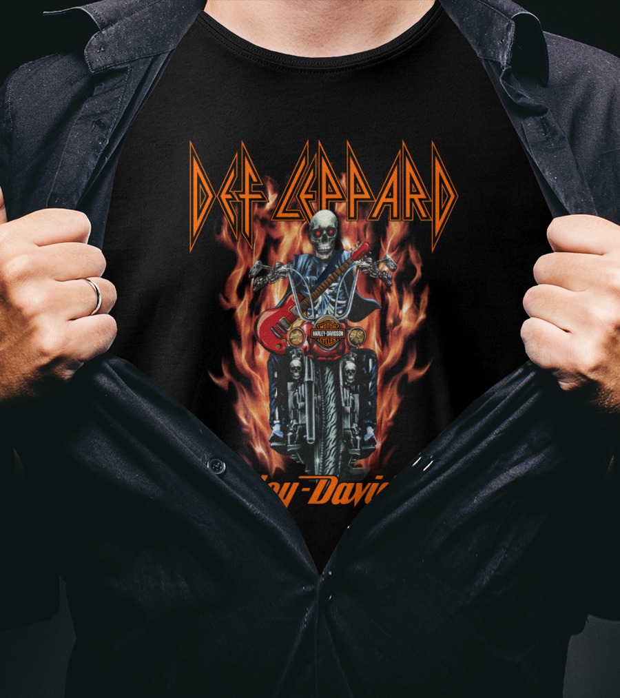 Def Leppard Harley Davidson Skull Flame Motorcycle T-Shirt