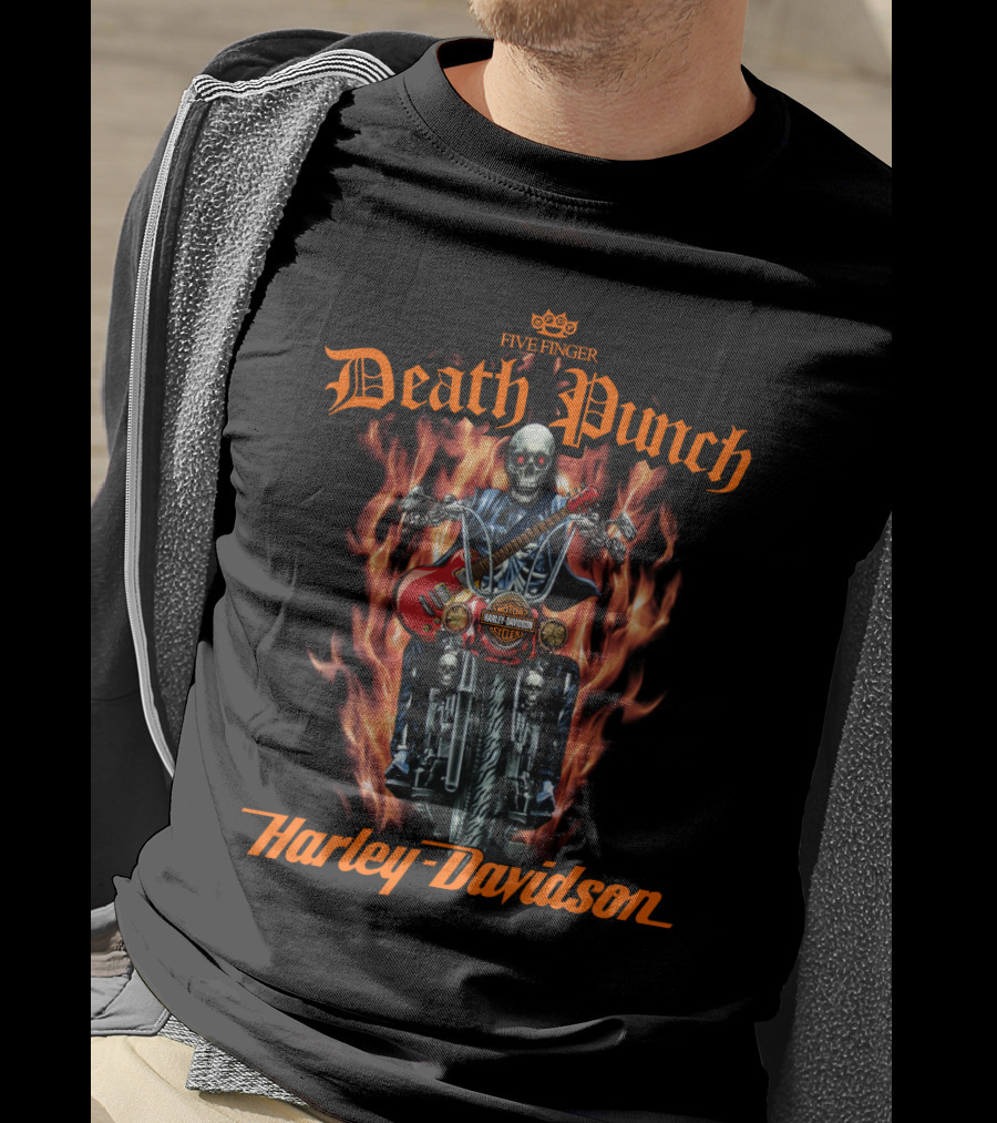 Five Finger Death Punch Harley Davidson Flame Skeleton Rider T-Shirt