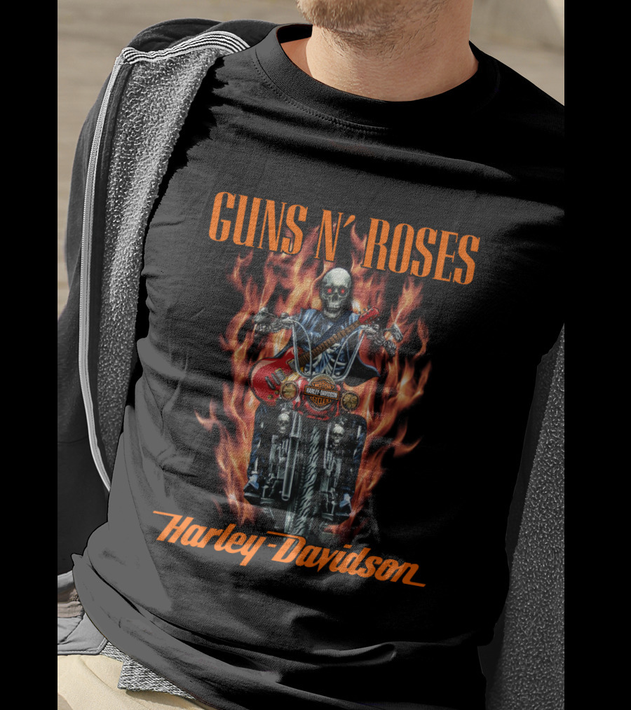 Guns N' Roses Harley Davidson Skull Motorcycle Flames T-Shirt
