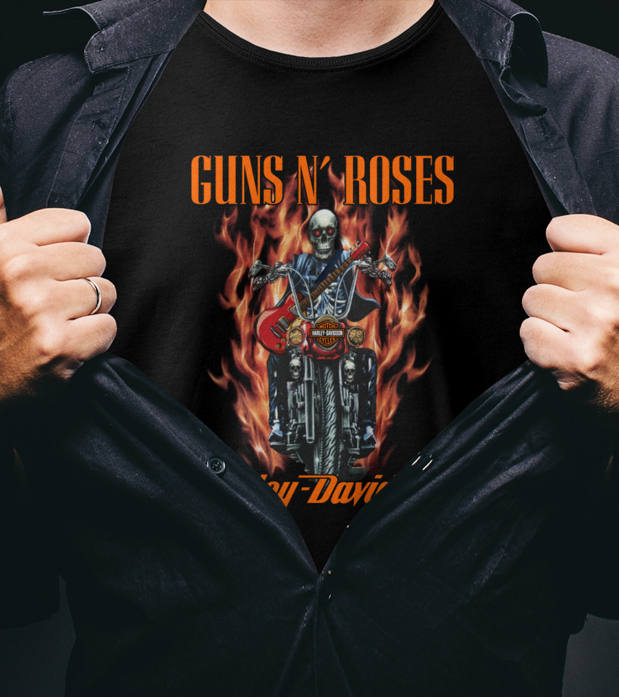 Guns N' Roses Harley Davidson Skull Motorcycle Flames T-Shirt