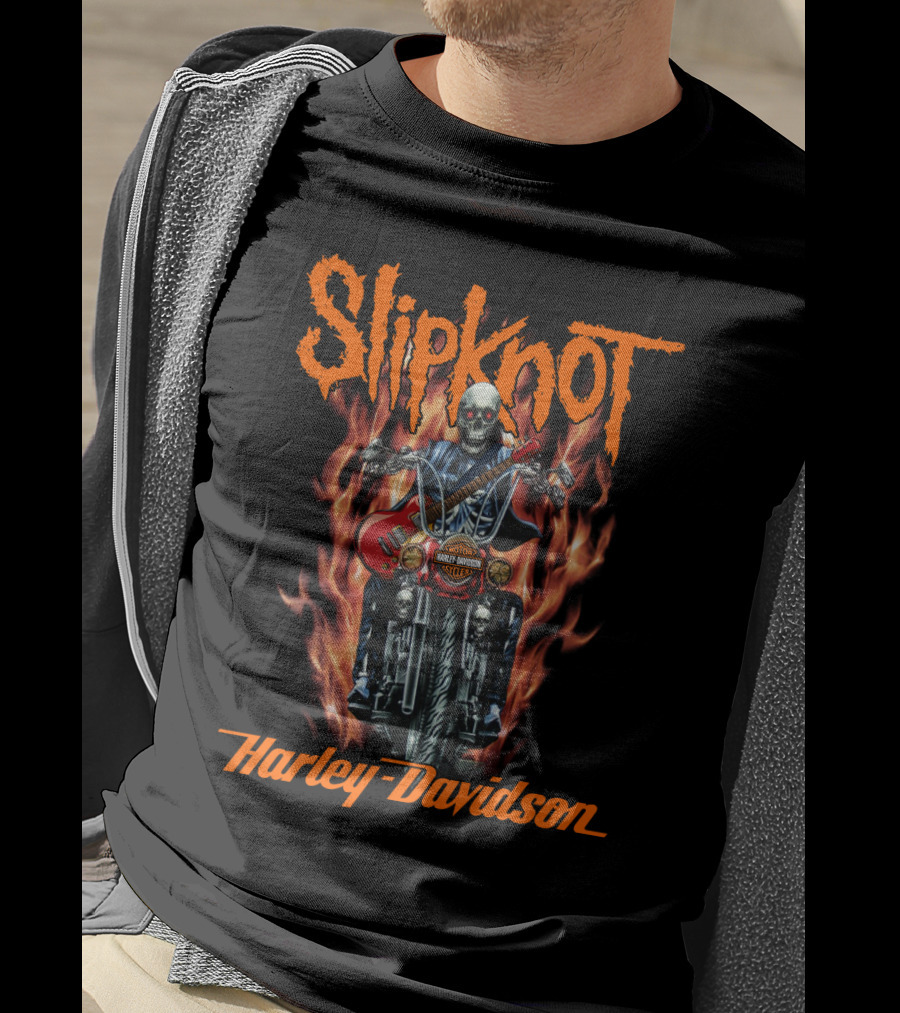 Slipknot Harley Davidson Flaming Skeleton Motorcycle Rider T-Shirt