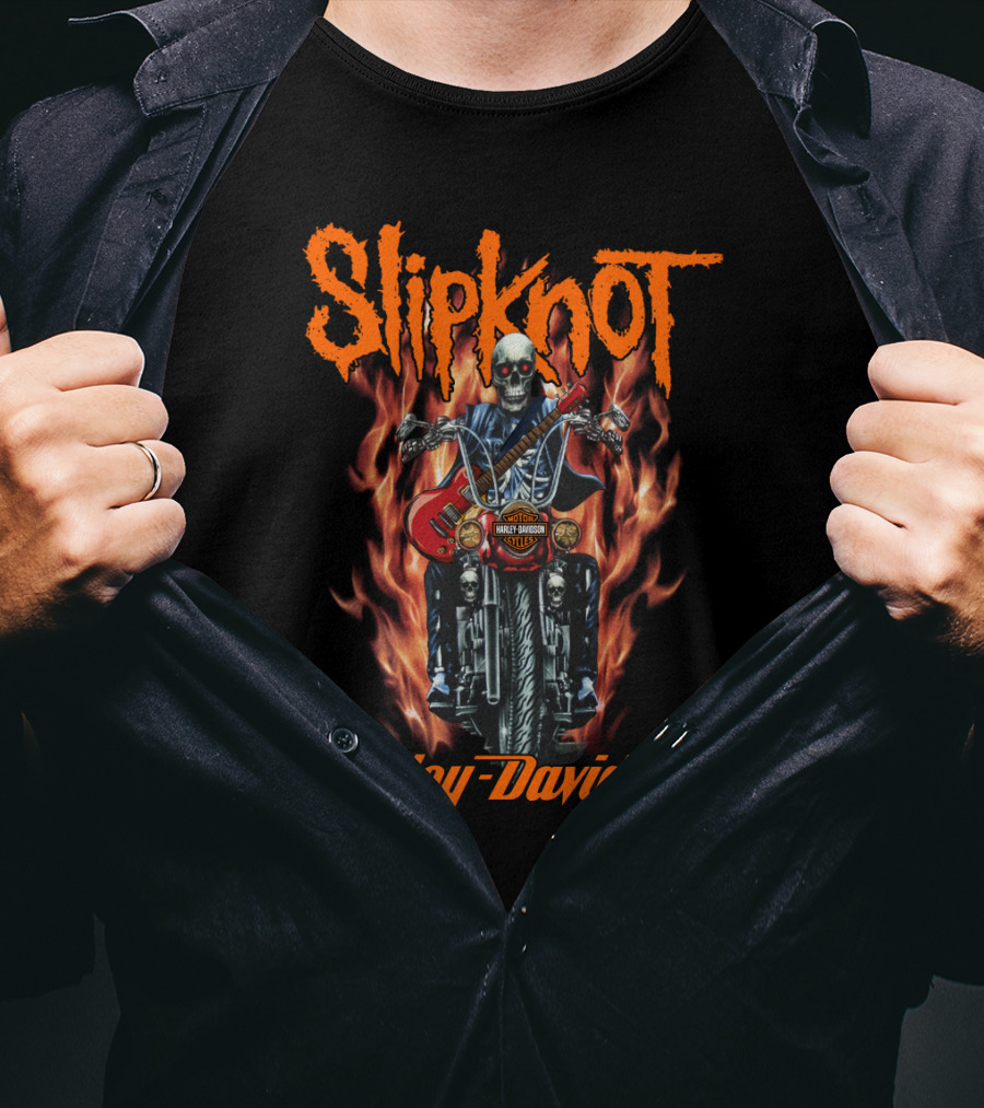 Slipknot Harley Davidson Flaming Skeleton Motorcycle Rider T-Shirt