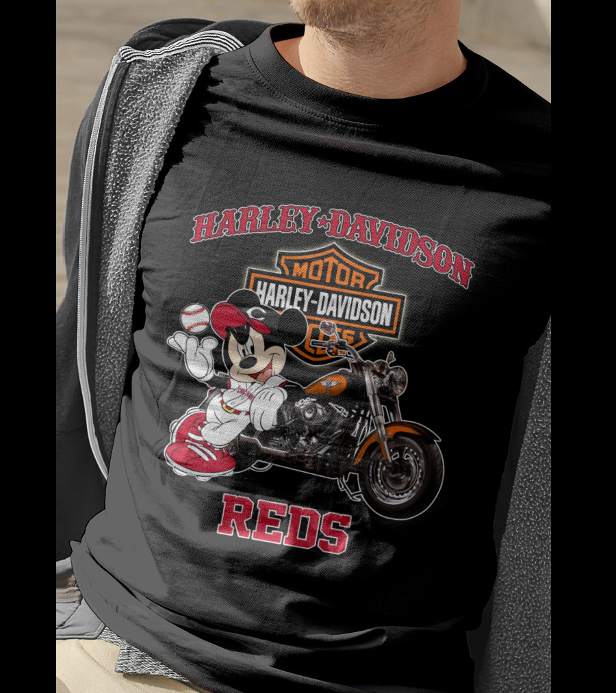 Harley Davidson Reds Cincinnati Motorcycle Mickey Mouse Baseball T-Shirt