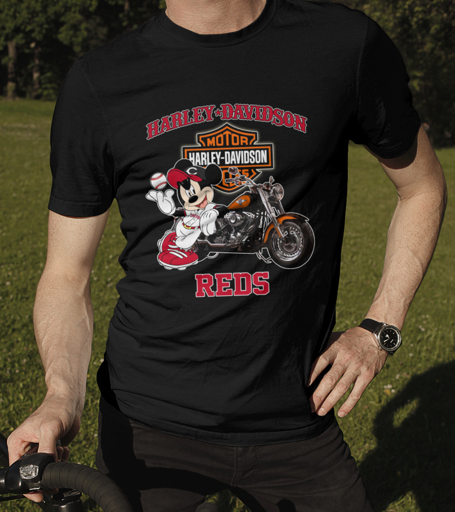 Harley Davidson Reds Cincinnati Motorcycle Mickey Mouse Baseball T-Shirt