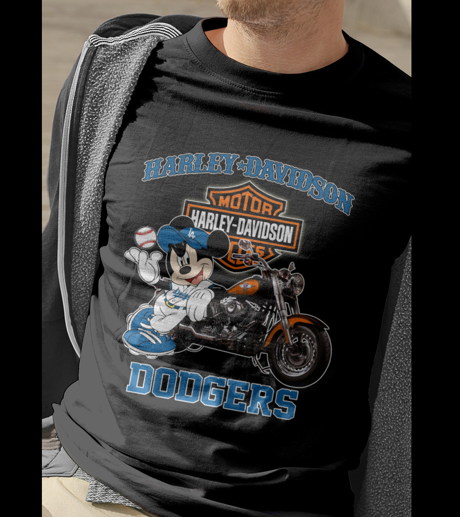 Harley Davidson Los Angeles Dodgers Mickey Mouse Motorcycle Baseball T-Shirt