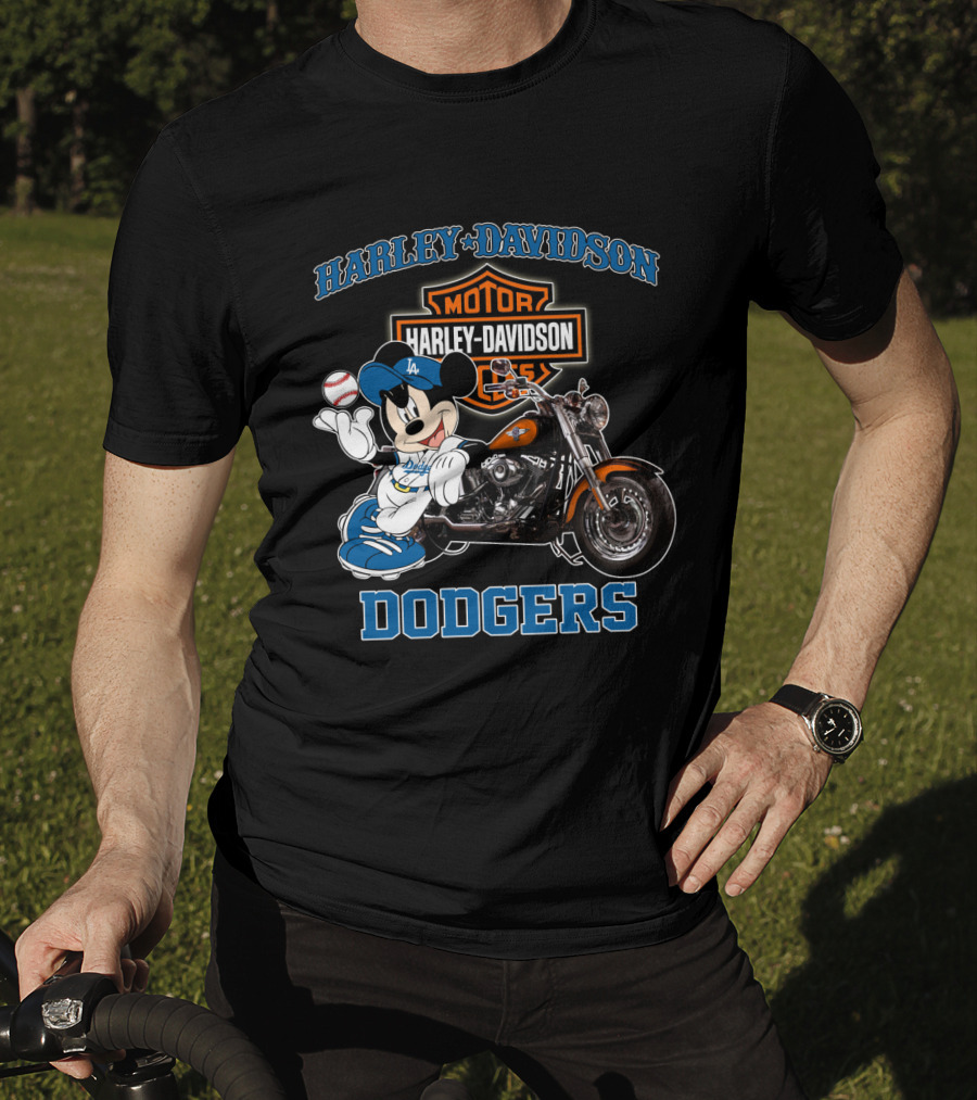 Harley Davidson Los Angeles Dodgers Mickey Mouse Motorcycle Baseball T-Shirt
