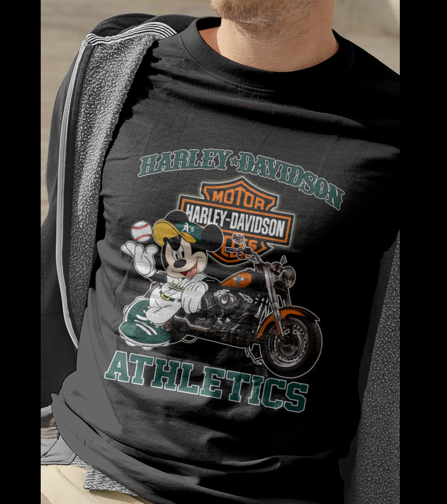 Harley Davidson Oakland Athletics With Mickey Mouse Baseball Motorcycle T-Shirt