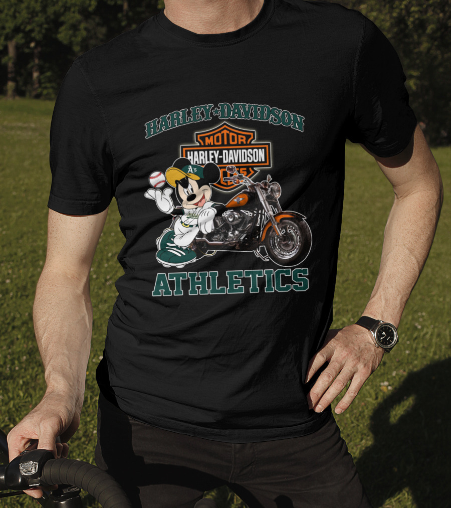 Harley Davidson Oakland Athletics With Mickey Mouse Baseball Motorcycle T-Shirt
