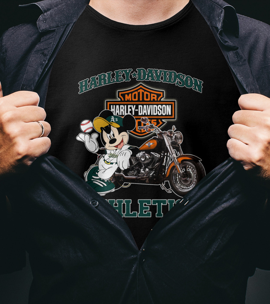 Harley Davidson Oakland Athletics With Mickey Mouse Baseball Motorcycle T-Shirt