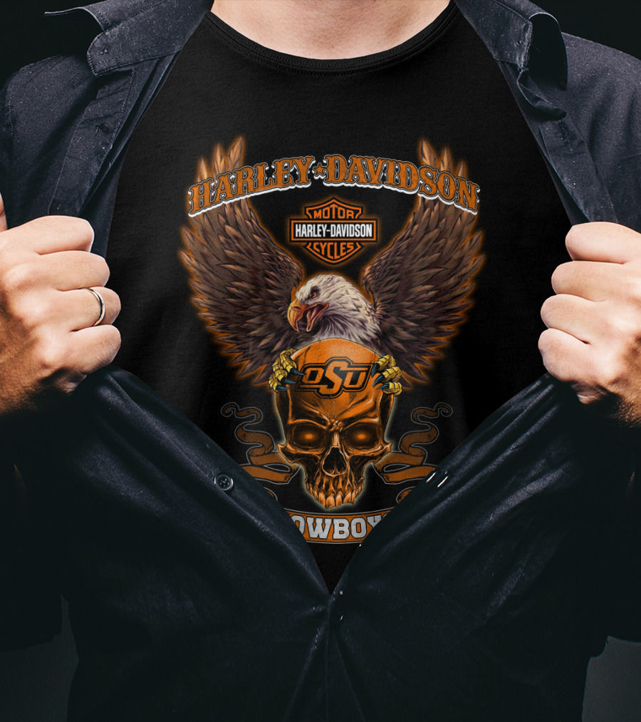 Harley Davidson Motorcycles Osu Cowboys Bald Eagle Skull Banner T-Shirt