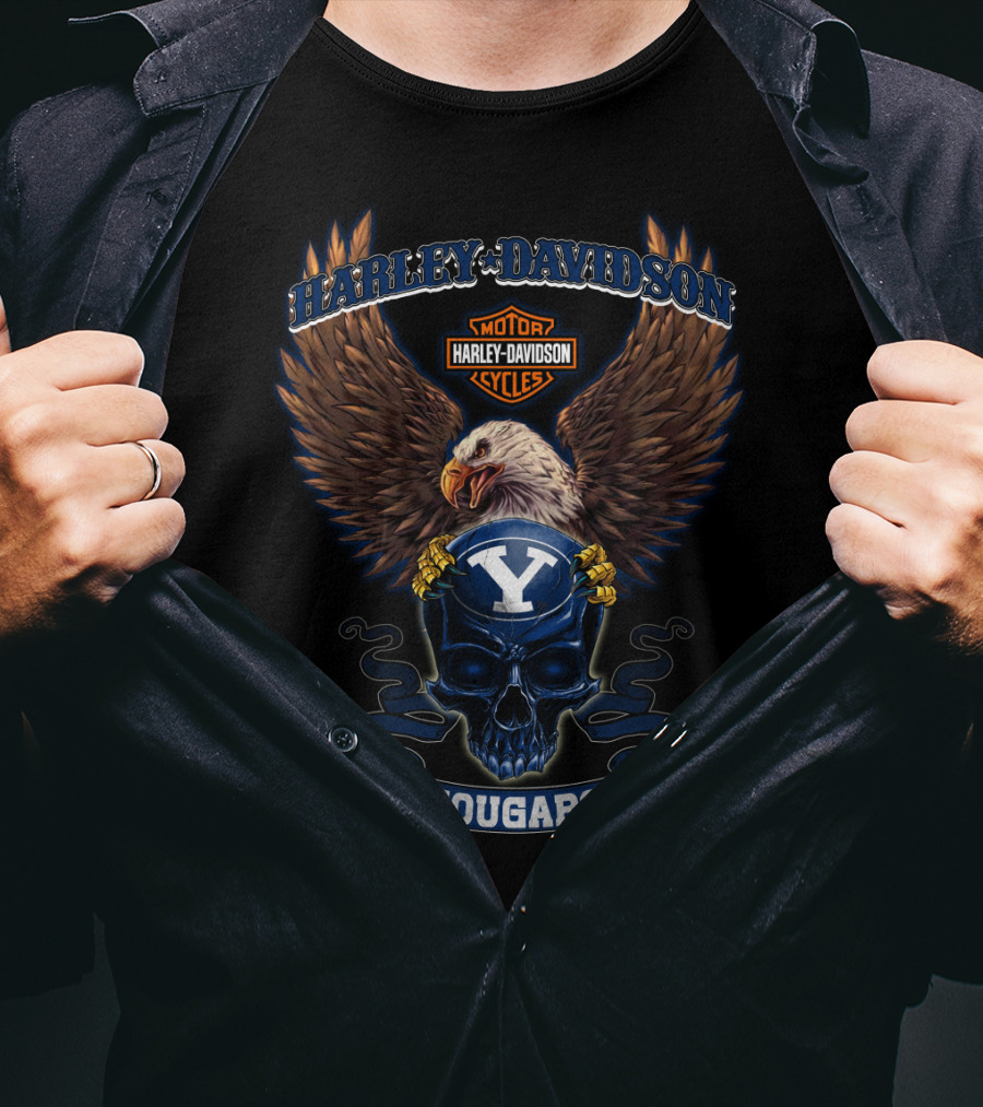 Harley Davidson Motor Cycles Byu Cougars Eagle Skull T-Shirt