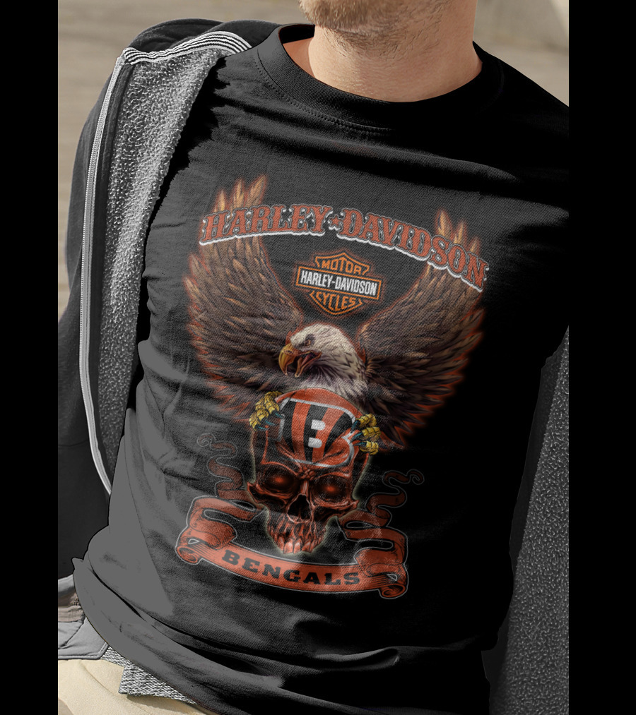 Harley Davidson Motor Cycles Bengals Bald Eagle Helmet Skull T-Shirt