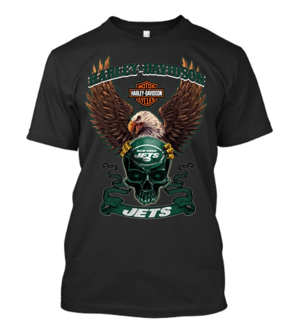 Harley Davidson New York Jets Motor Cycles Eagle Skull Jets T-Shirt