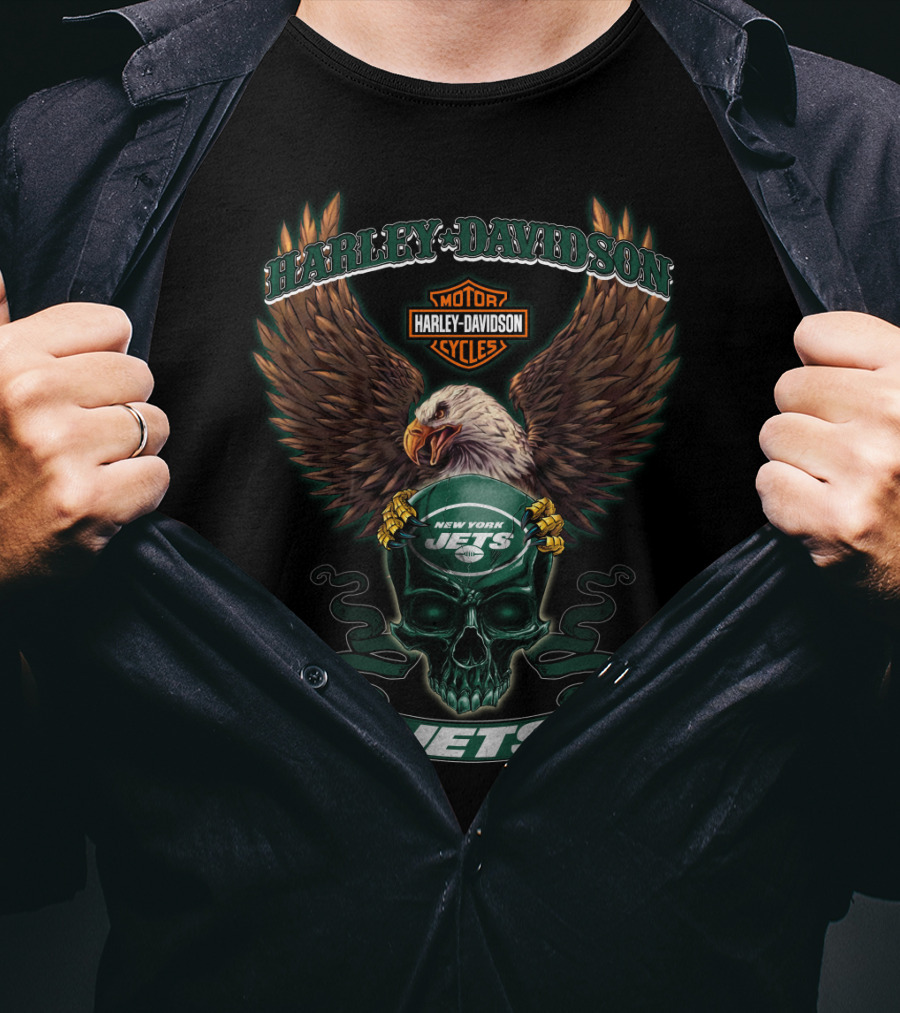Harley Davidson New York Jets Motor Cycles Eagle Skull Jets T-Shirt