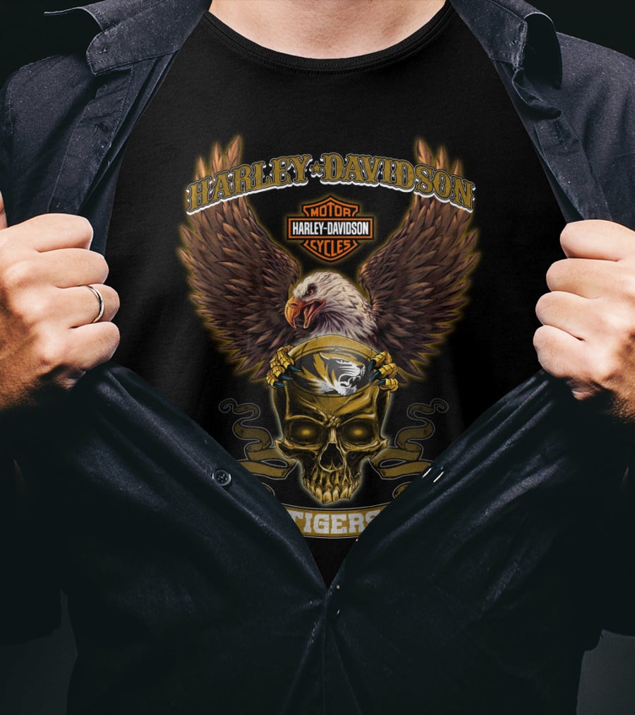 Harley Davidson Motor Cycles Eagles And Skull Missouri Tigers T-Shirt