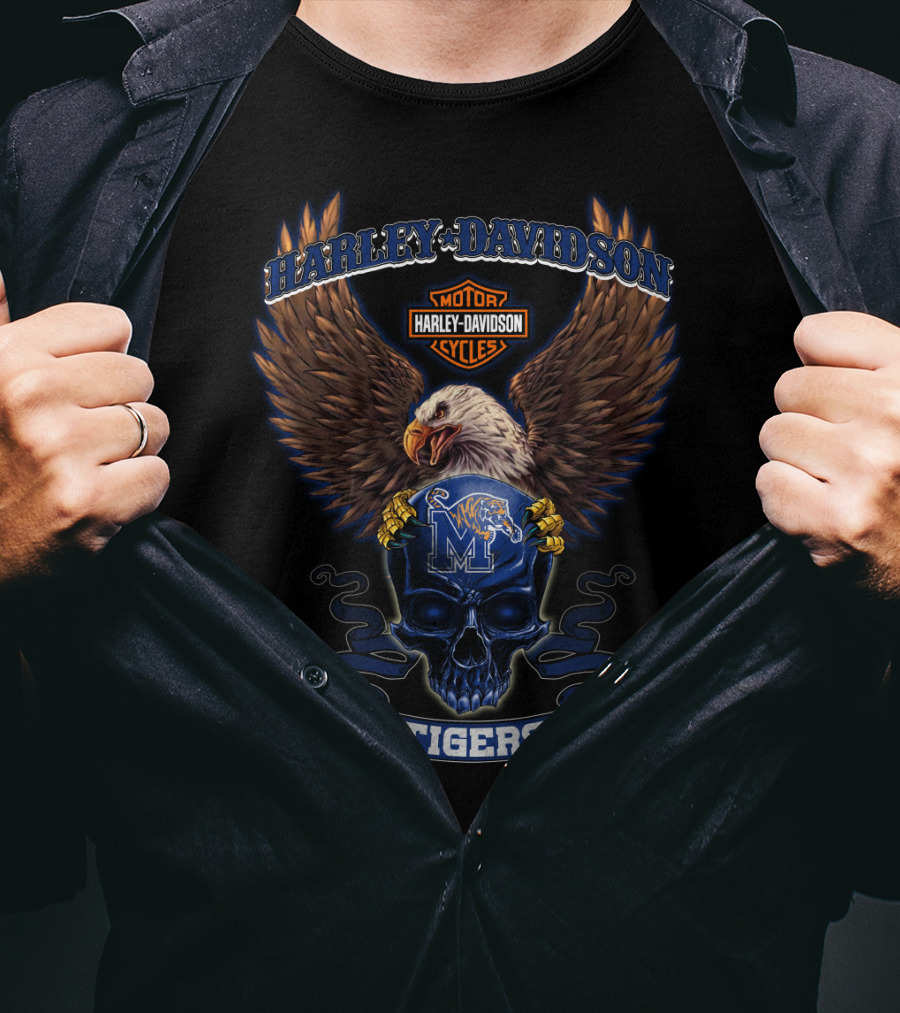 Harley Davidson Motor Cycles Memphis Tigers Eagle Skull T-Shirt