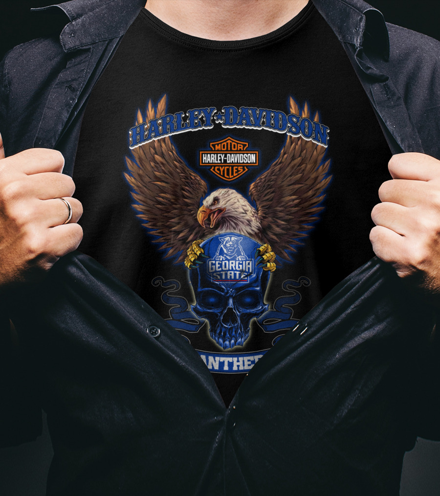 Harley Davidson Motor Cycles Georgia State Panthers Eagle And Skull T-Shirt