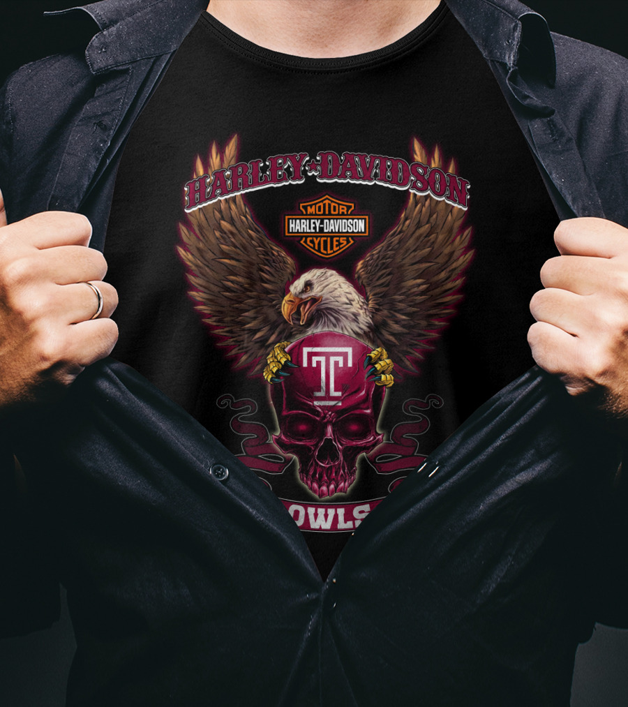 Harley Davidson Temple Owls Skull Eagle Wings Motor Cycles T-Shirt