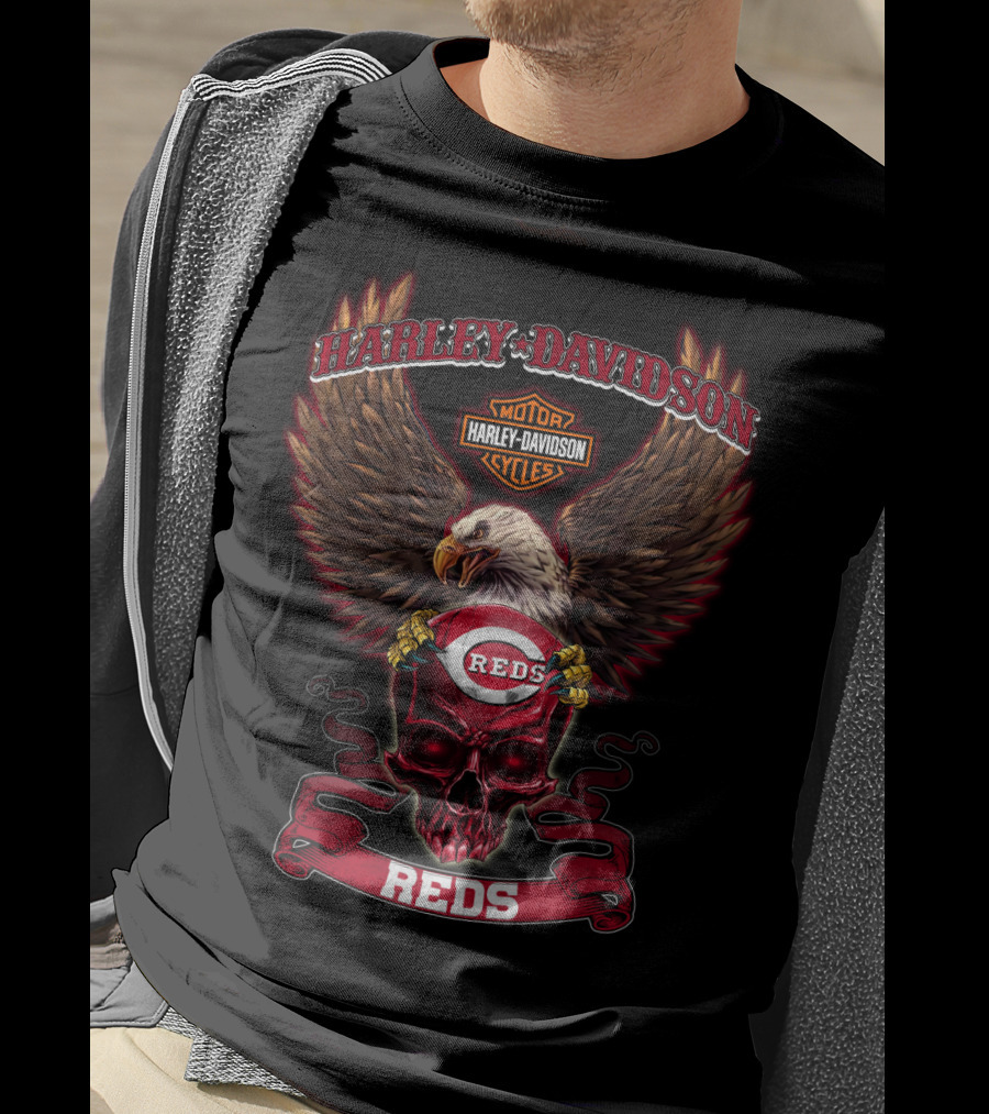 Harley Davidson Cincinnati Reds Eagle And Skull Mlb Collaboration T-Shirt