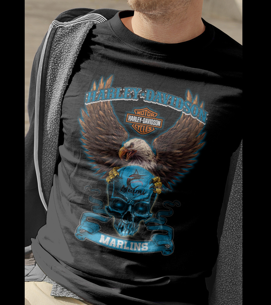 Harley Davidson Miami Marlins Eagle Skull T-Shirt