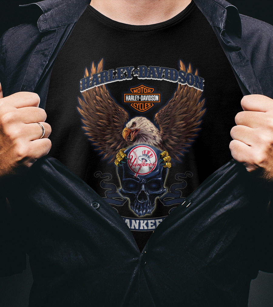 Harley Davidson Motor Cycles Eagle New York Yankees Skull T-Shirt