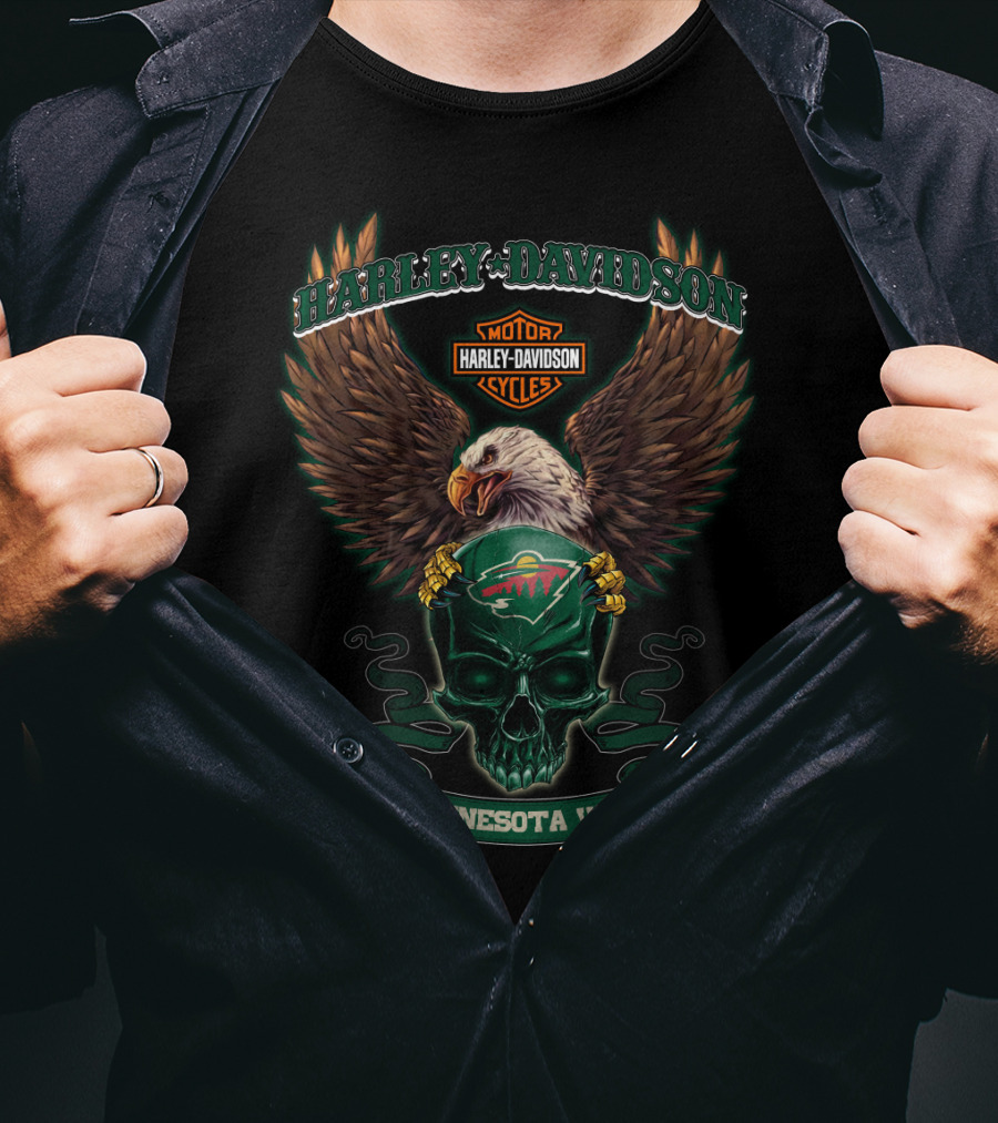 Harley Davidson Motor Cycles Eagle Skull Minnesota Wild T-Shirt