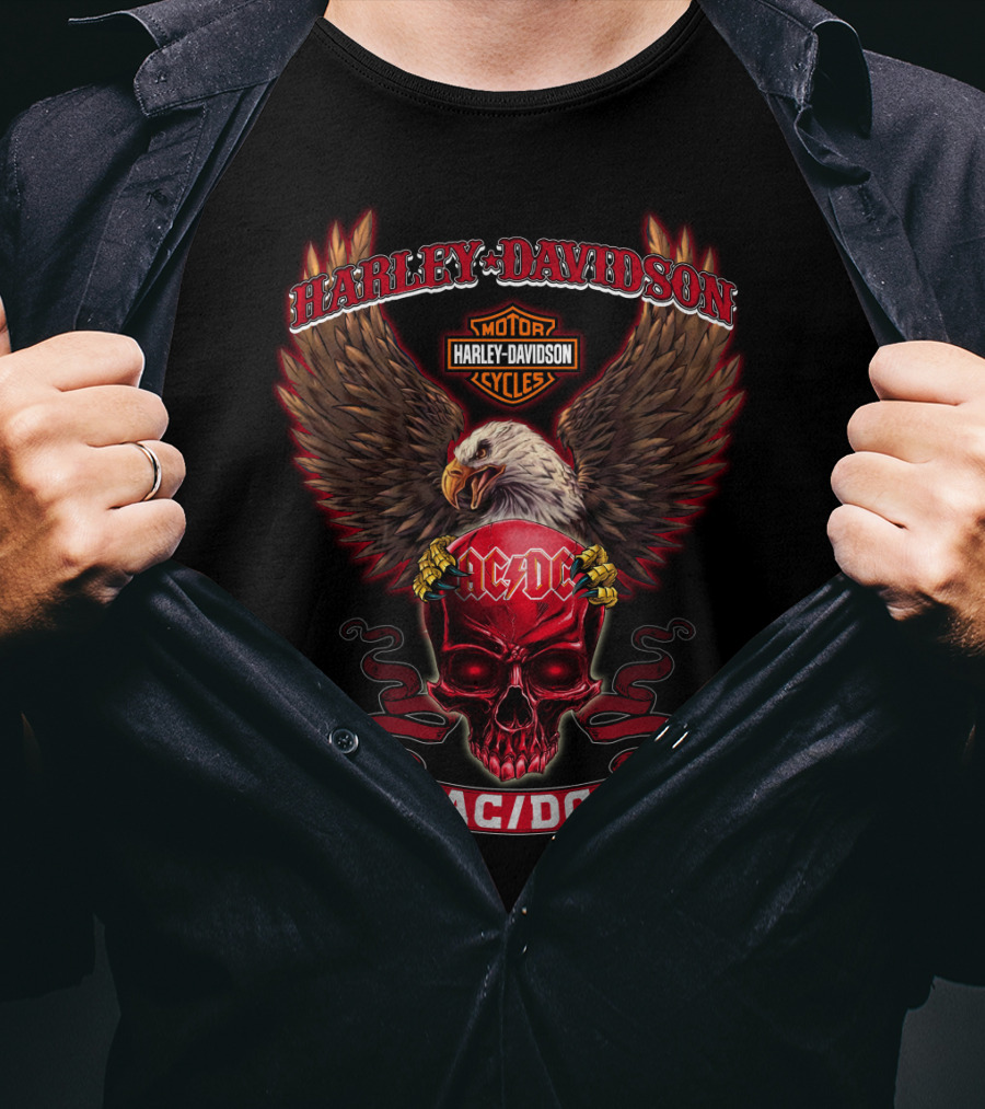 Harley Davidson Motor Cycles Ac/Dc Skull Eagle Wings T-Shirt