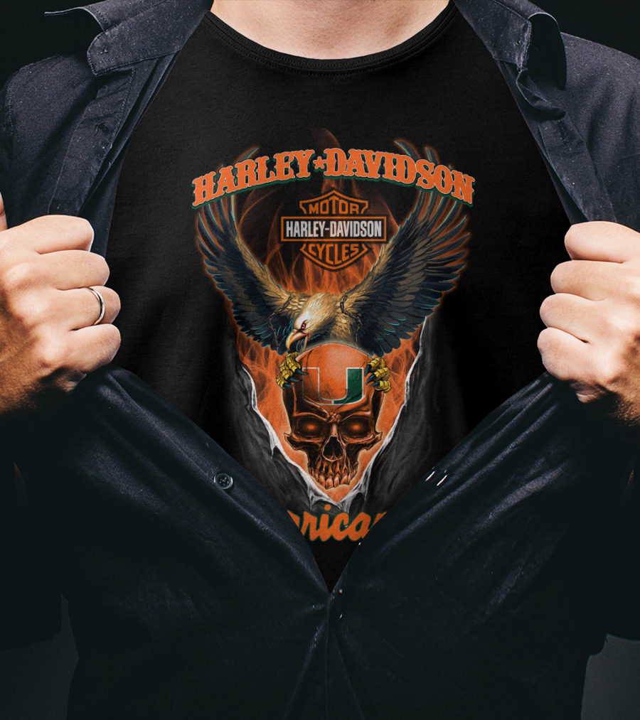 Harley Davidson Miami Hurricanes Motorcycles Skull And Eagle T-Shirt