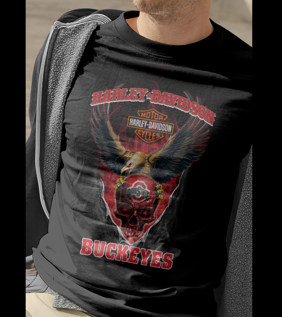 Harley Davidson Motor Cycles Eagle Ohio State Skull Buckeyes T-Shirt