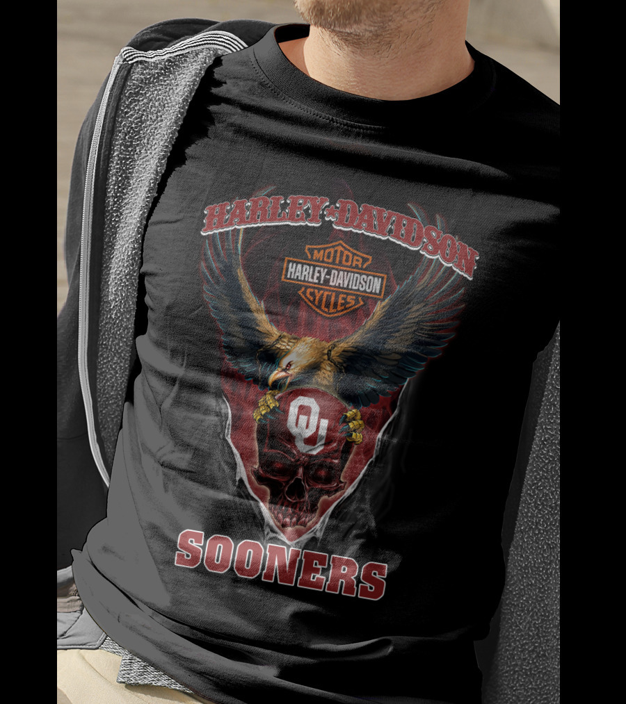 Harley Davidson Motor Cycles Sooners Ou Eagle Skull T-Shirt