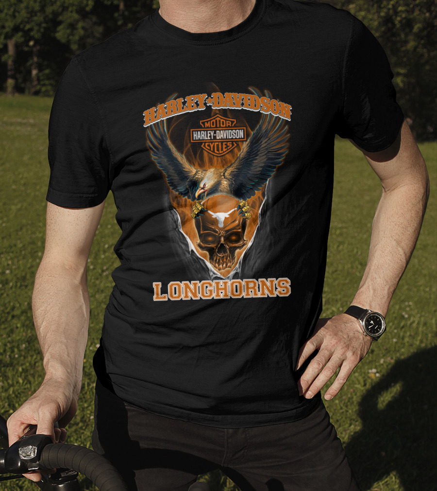 Harley Davidson Motorcycles Longhorns Eagle Skull T-Shirt