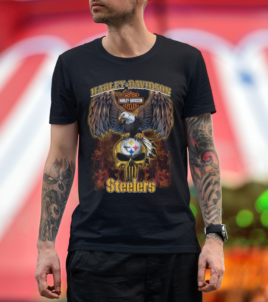 Harley Davidson Motor Cycles Steelers Eagle Skull Flames T-Shirt