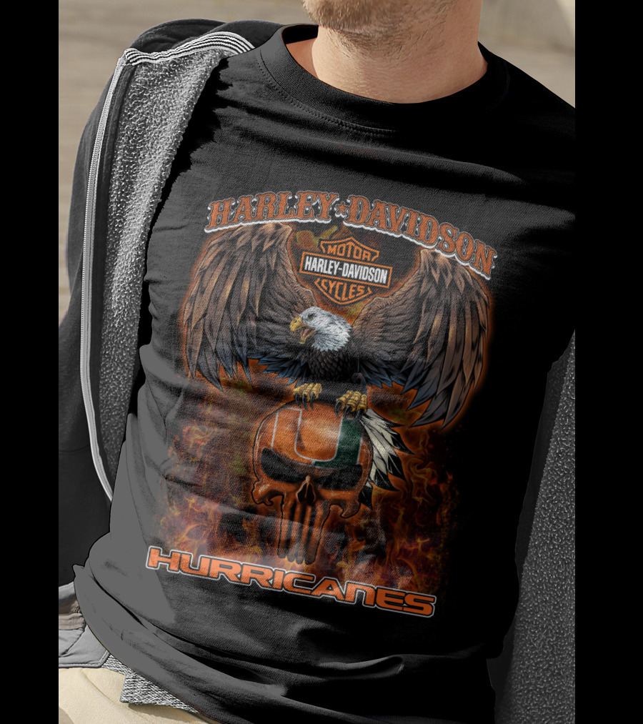 Harley Davidson Motor Cycles Miami Hurricanes Eagle Skull Flame T-Shirt