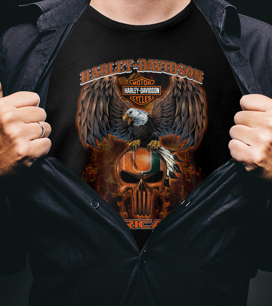 Harley Davidson Motor Cycles Miami Hurricanes Eagle Skull Flame T-Shirt