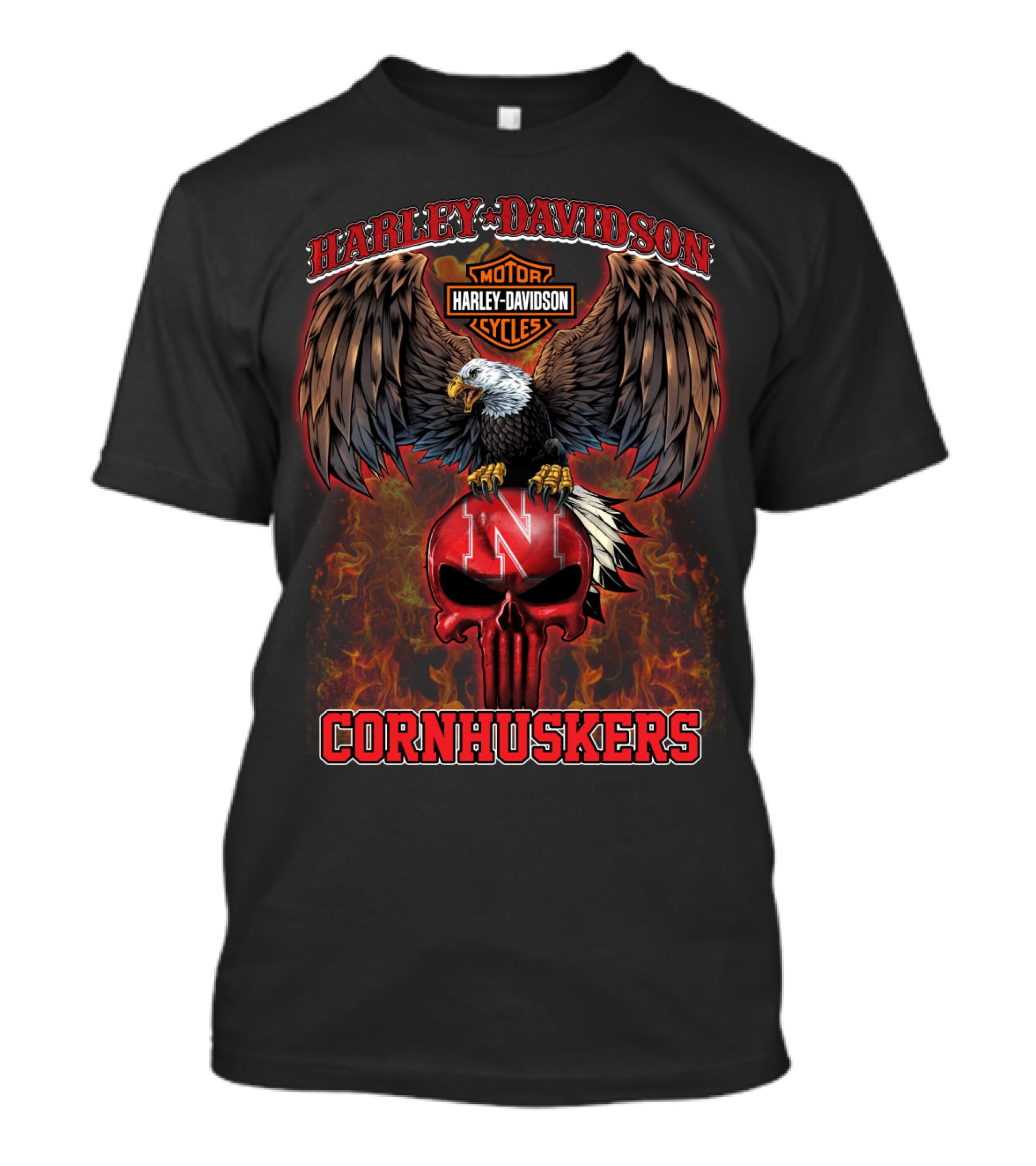 Harley Davidson Eagle Nebraska Cornhuskers Skull Flame T-Shirt