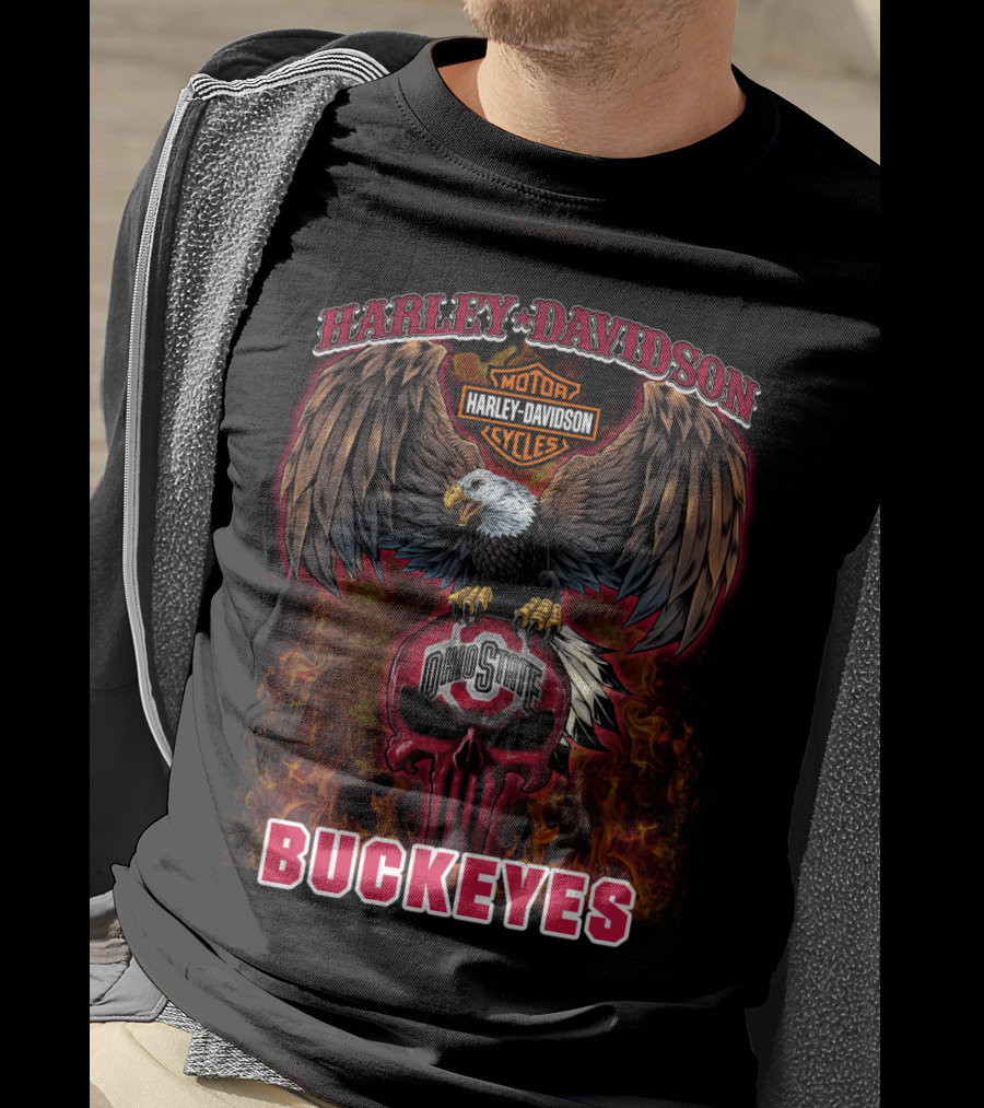 Harley Davidson Ohio State Buckeyes Skull Eagle Flames T-Shirt