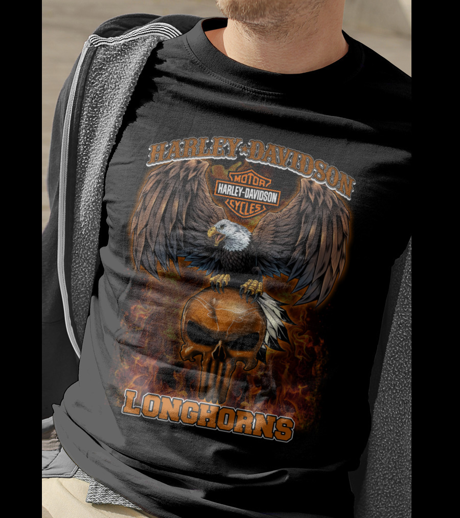 Harley Davidson Motor Cycles Longhorns Eagle Skull T-Shirt