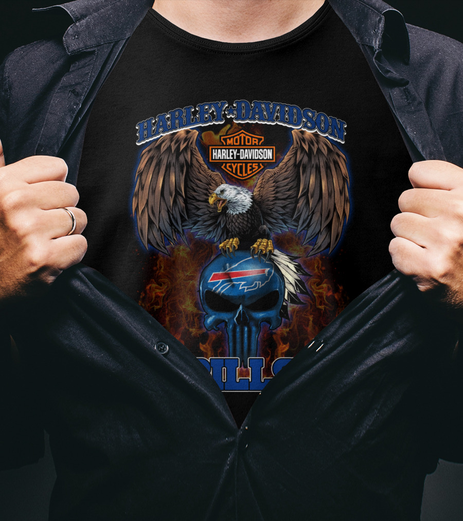 Harley Davidson Motor Cycles Buffalo Bills Eagle Skull Flames T-Shirt