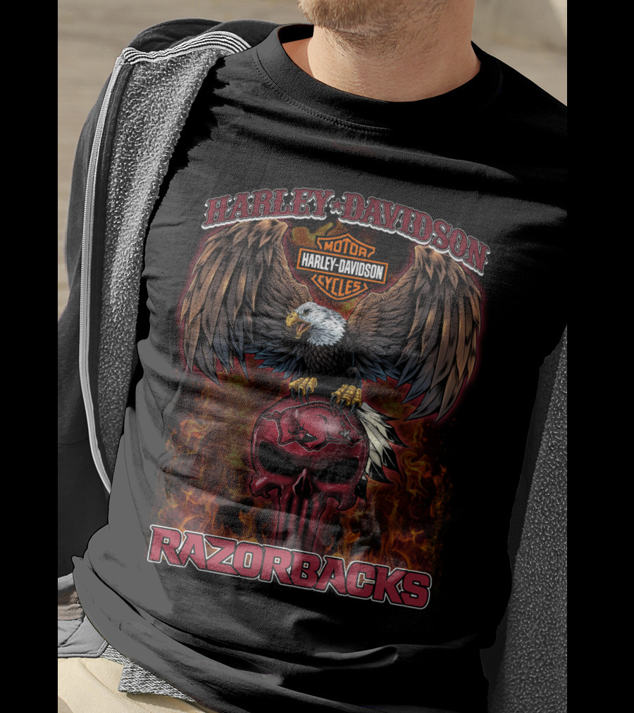 Harley Davidson Motor Cycles Eagle Skull Razorbacks T-Shirt