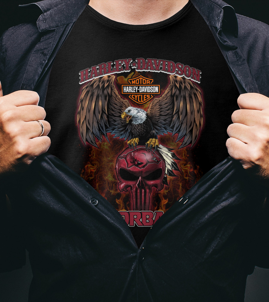 Harley Davidson Motor Cycles Eagle Skull Razorbacks T-Shirt