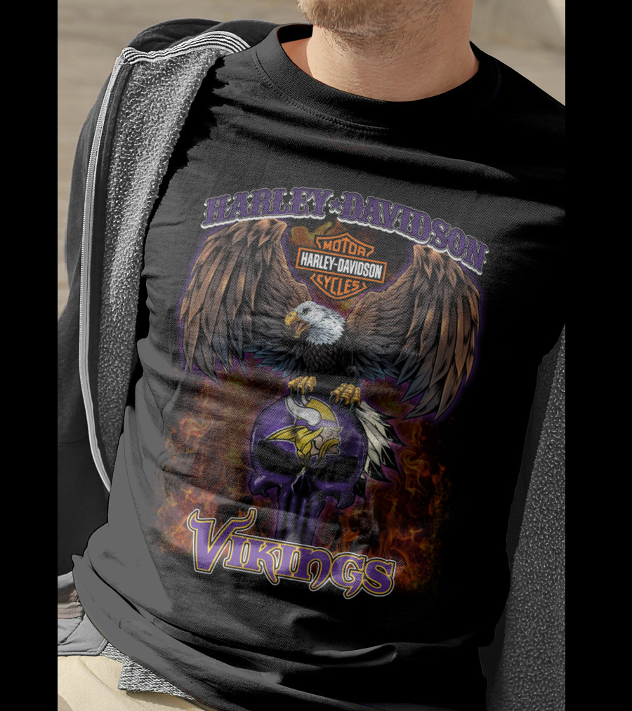 Harley Davidson Minnesota Vikings Eagle And Skull T-Shirt