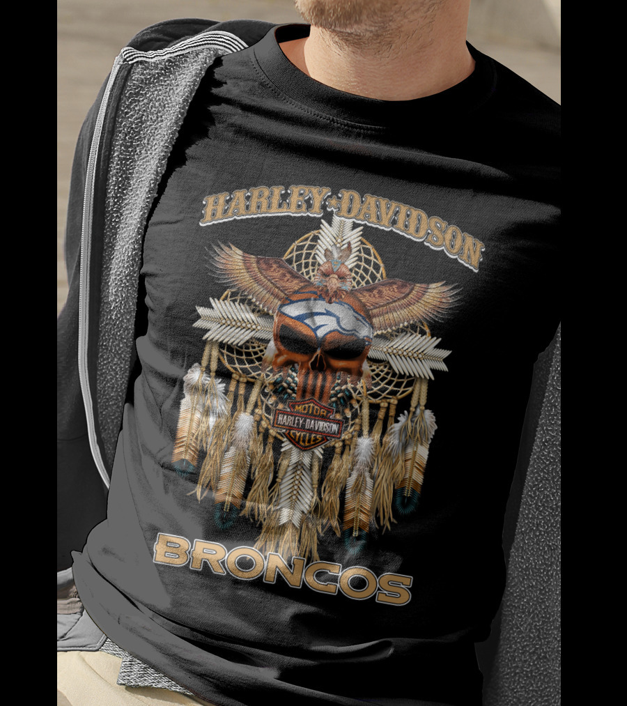 Harley Davidson Denver Broncos Feather And Skull T-Shirt