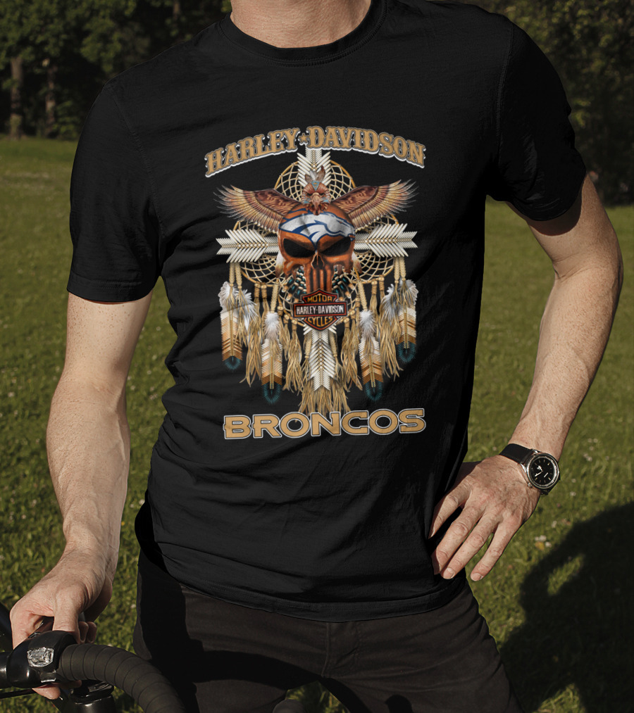 Harley Davidson Denver Broncos Feather And Skull T-Shirt