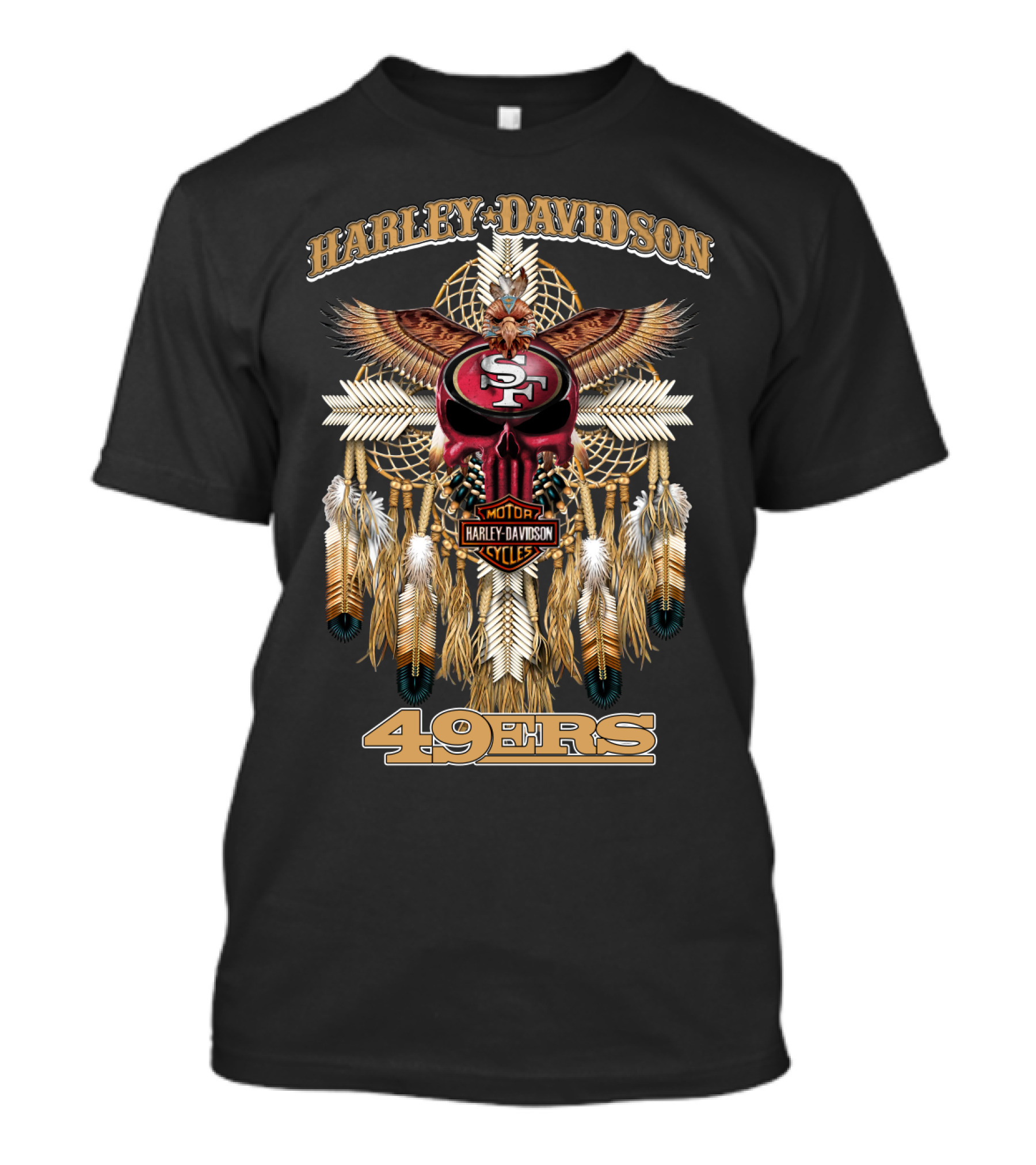 Harley Davidson San Francisco 49ers Dreamcatcher Skull Feather Art T-Shirt