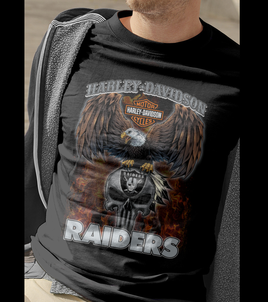 Harley Davidson Motor Cycles Raiders Skull Eagle Flame T-Shirt