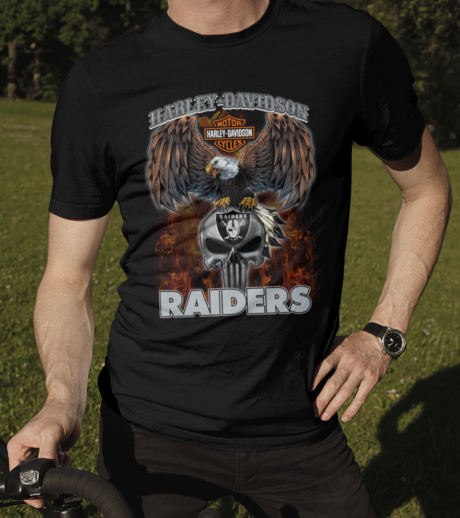 Harley Davidson Motor Cycles Raiders Skull Eagle Flame T-Shirt
