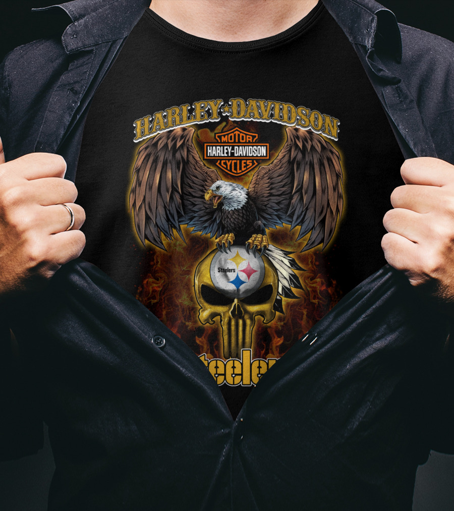 Harley Davidson Steelers Eagle With Skull Flame T-Shirt