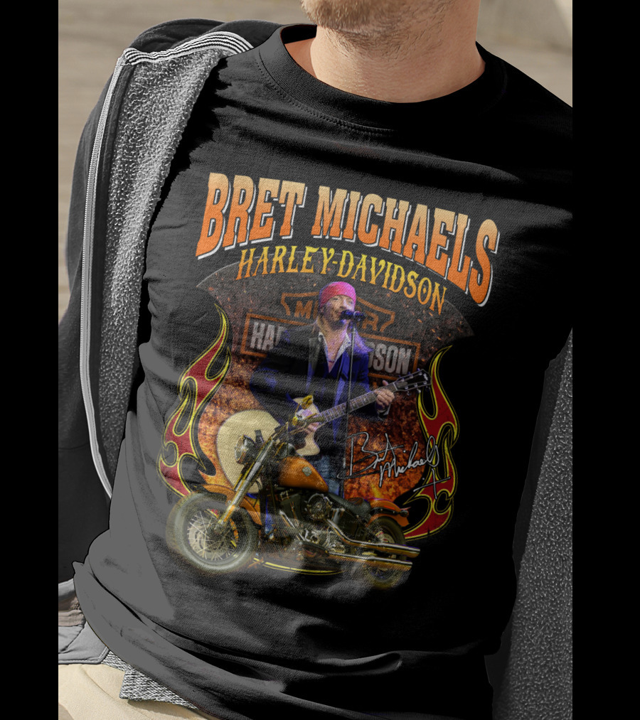 Bret Michaels Harley Davidson Motorcycle Concert Performance Signature T-Shirt