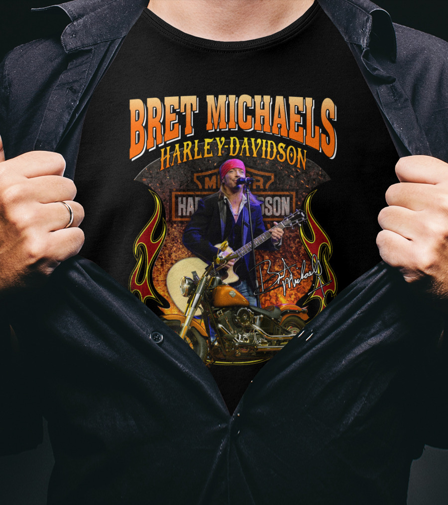 Bret Michaels Harley Davidson Motorcycle Concert Performance Signature T-Shirt