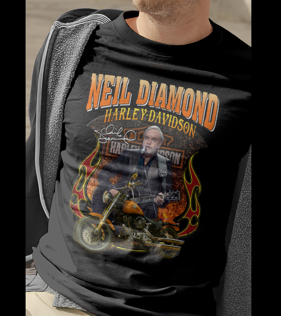 Neil Diamond Harley Davidson Motorcycle Flames Signature T-Shirt